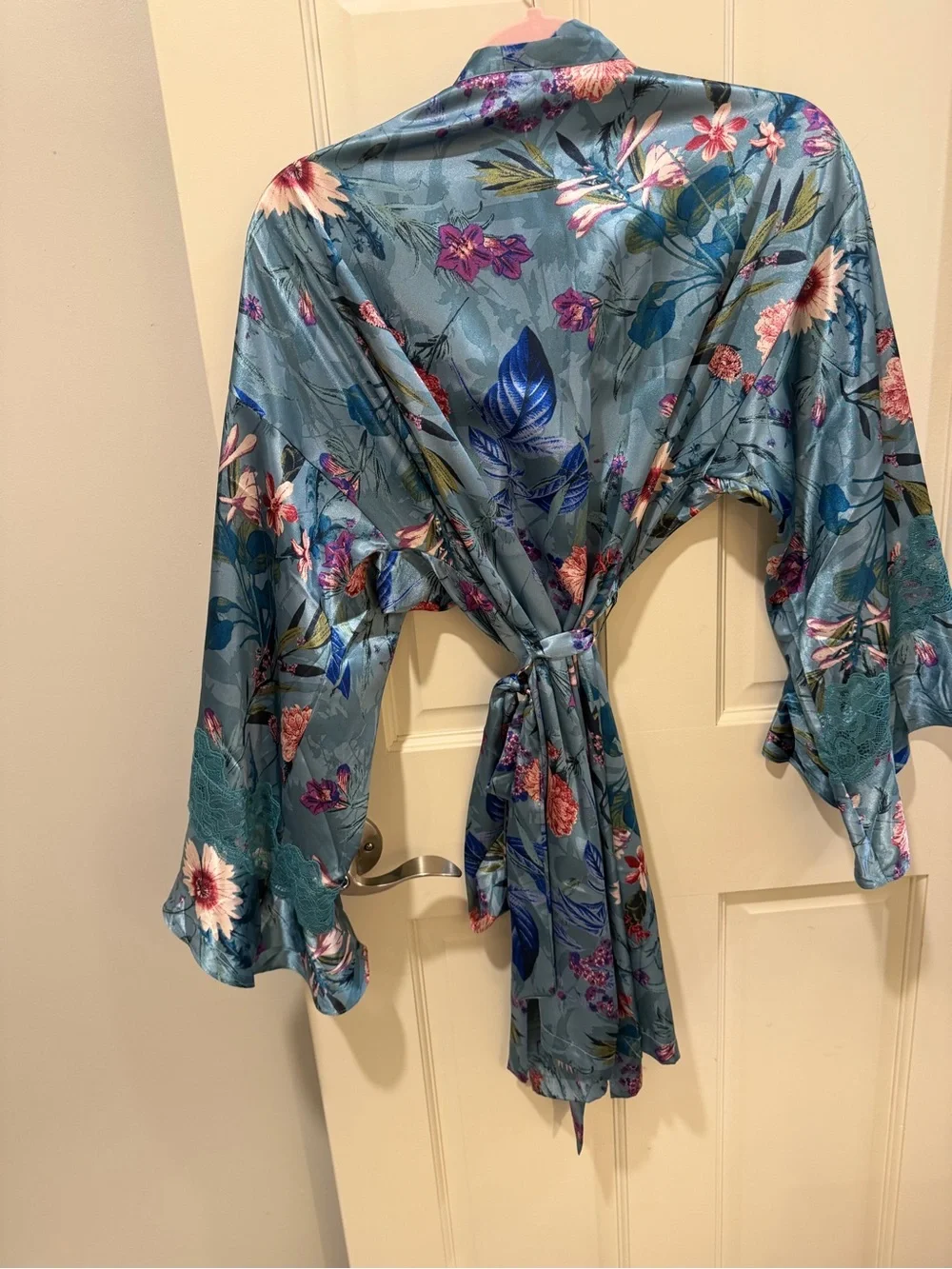 Floral Satin Tie-Waist Robe in Teal Blue by Unknown Brand